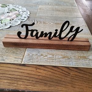 Family Sign- Black Metal Word on Wooded Block Base